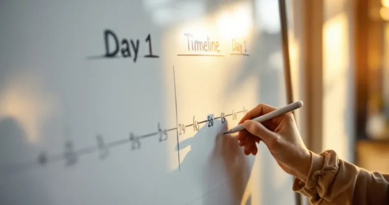 Whiteboard with timeline written out, markers in tray, someone circling Day 1