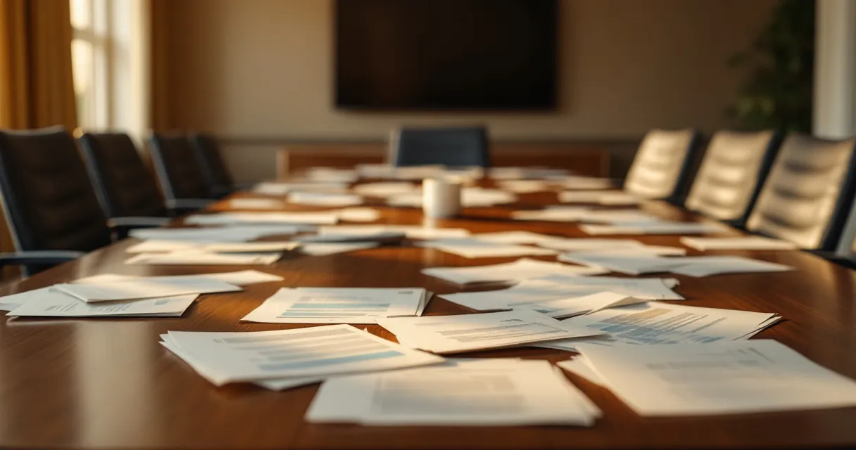 Empty conference room with papers left scattered on the table, chairs pushed back, deal fell apart