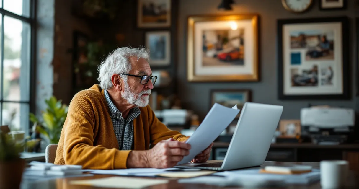 Older business owner at a desk, looking at framed photos of the business through the years