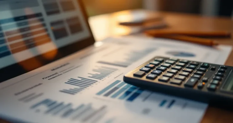 Laptop showing financial model spreadsheet blurred, calculator beside it, pencil markings on printout
