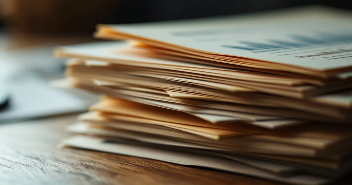 Layered financial documents stacked on desk, each page visible at edges like geological strata