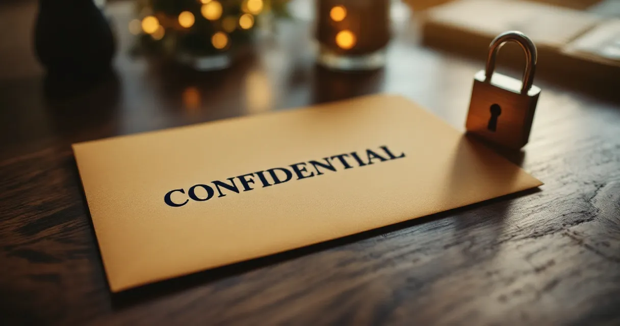 Manila envelope marked CONFIDENTIAL on a desk, lock icon nearby