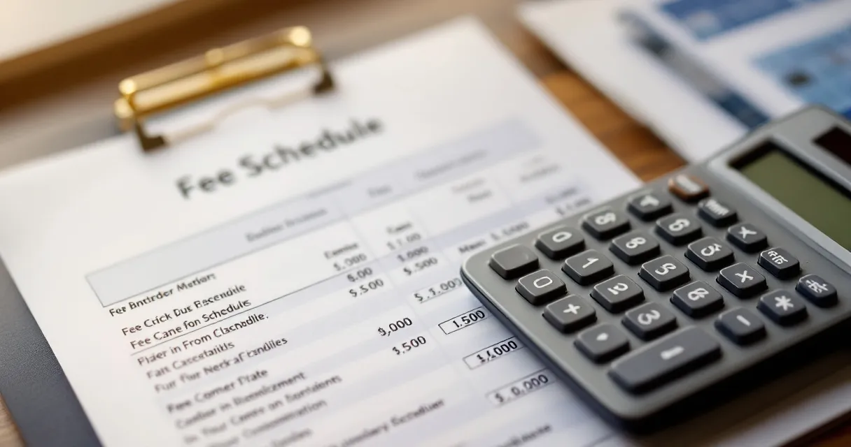 Calculator next to a fee schedule document, advisor desk