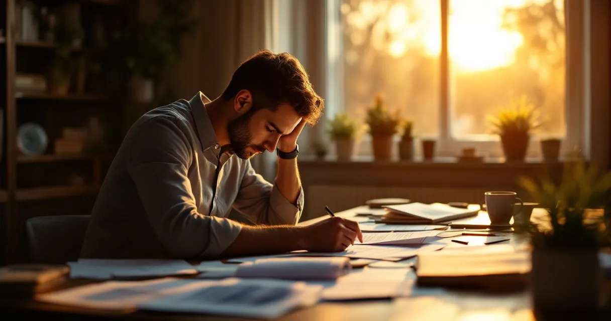 Business owner alone at desk, head slightly bowed, papers spread out, dawn light through window, hope coming
