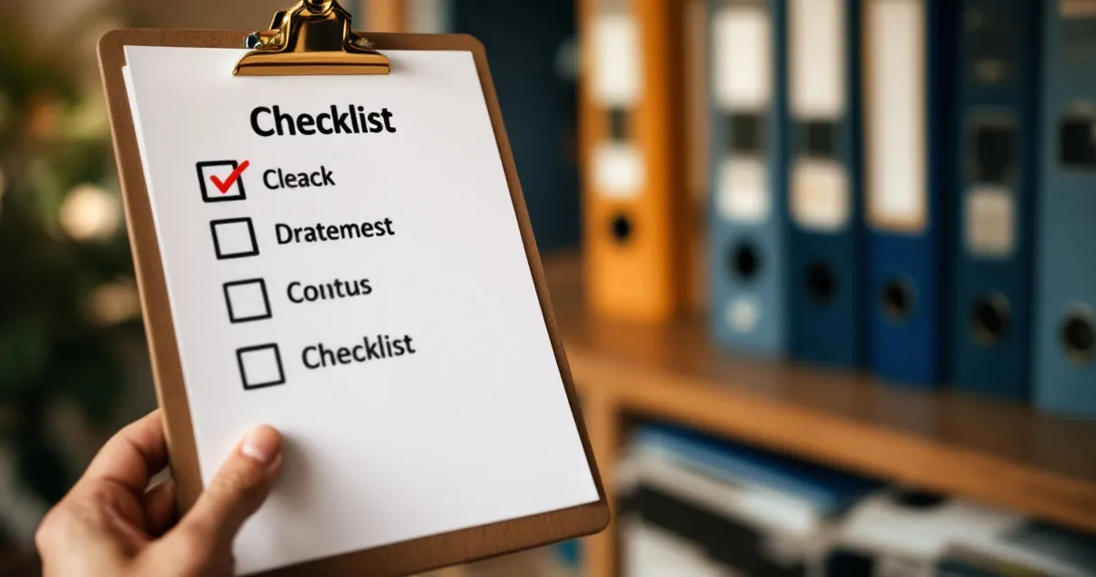 Checklist on clipboard, checkmarks down the page, organized file folders behind