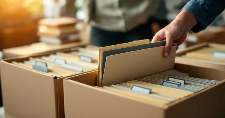 Banker's boxes of organized files, labeled tabs, someone's hand pulling a folder
