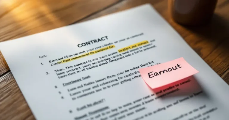 Contract with highlighted sections and sticky note tabs, Earnout written on one tab