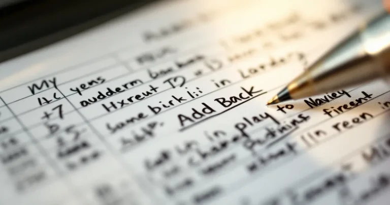 Spreadsheet with manual annotations, Add Back written in margin