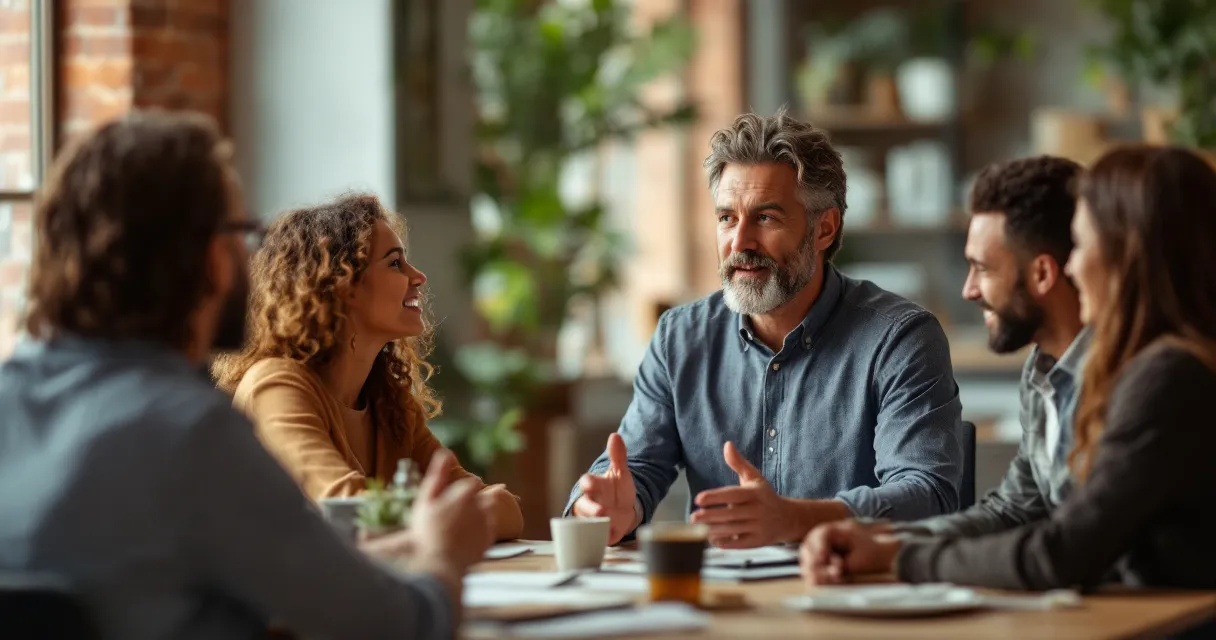 Business owner addressing a small team in a meeting room, genuine expressions