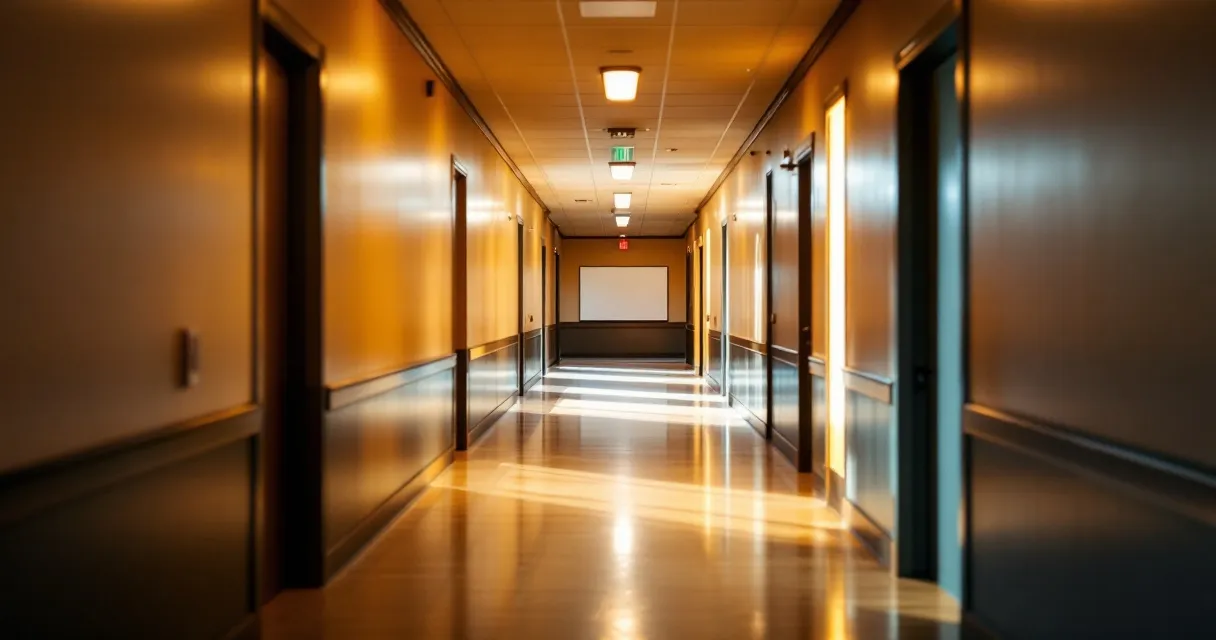 Two hallways diverging from a single corridor, one warm-lit, one cool-lit