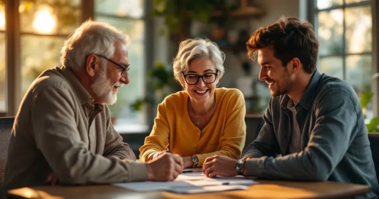Three generations visible: older person, middle-aged person, younger person around a desk