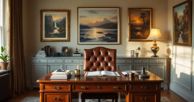 Elegant home office: mahogany desk, leather chair, art on walls, business documents