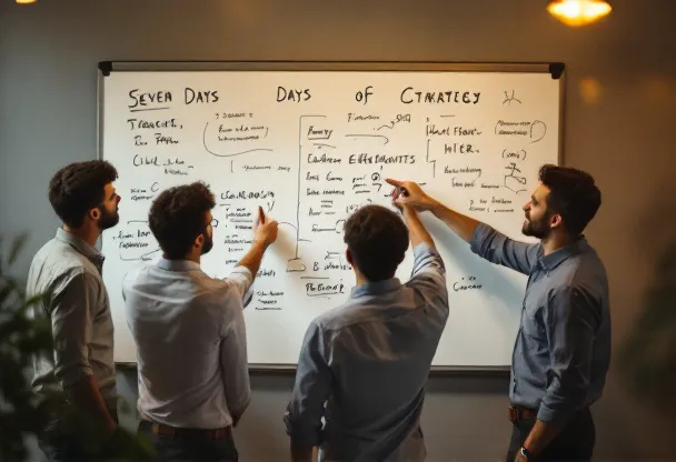 Small team strategizing at a whiteboard in shirtsleeves
