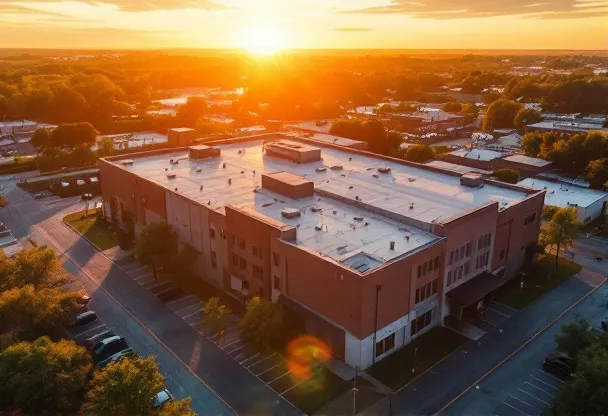 Commercial building at golden hour, Southeast industrial aesthetic