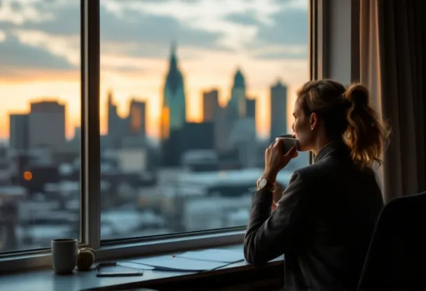 Business owner contemplating next chapter at office window