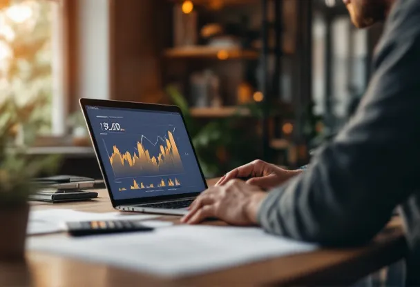 Business owner and advisor reviewing financial charts on a laptop