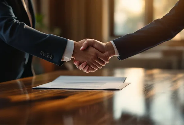 Two professionals at a conference table closing a business deal