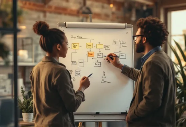 Two professionals collaborating at a whiteboard with process diagram
