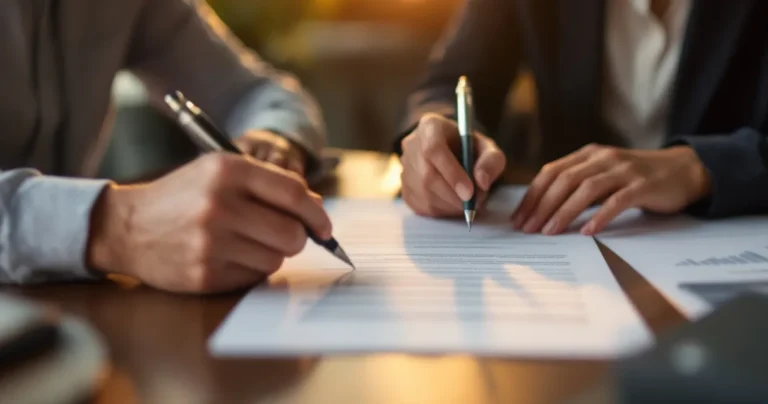 Two people at a table with a single document between them, pens on opposite sides