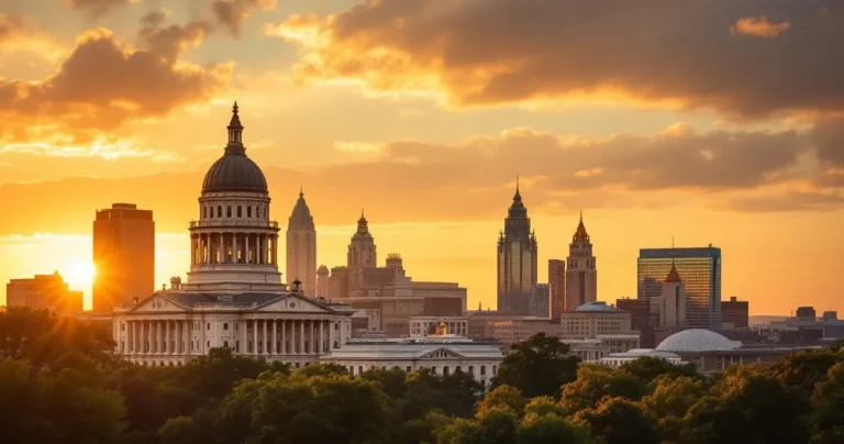 Tennessee state capitol building at golden hour, Nashville skyline behind