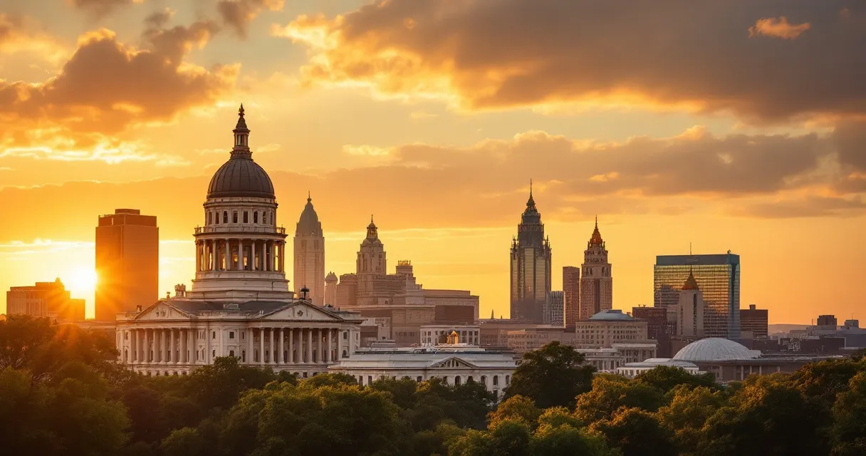 Tennessee state capitol building at golden hour, Nashville skyline behind