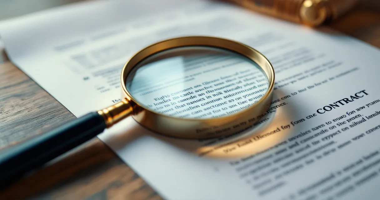 Close-up of contract with magnifying glass hovering over fine print paragraphs