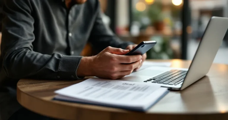Solo professional at a coffee shop table with laptop and phone, reviewing a deal book