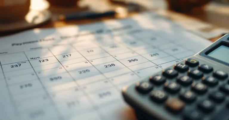 Calendar with payment dates marked, financial calculator showing numbers, desk setting