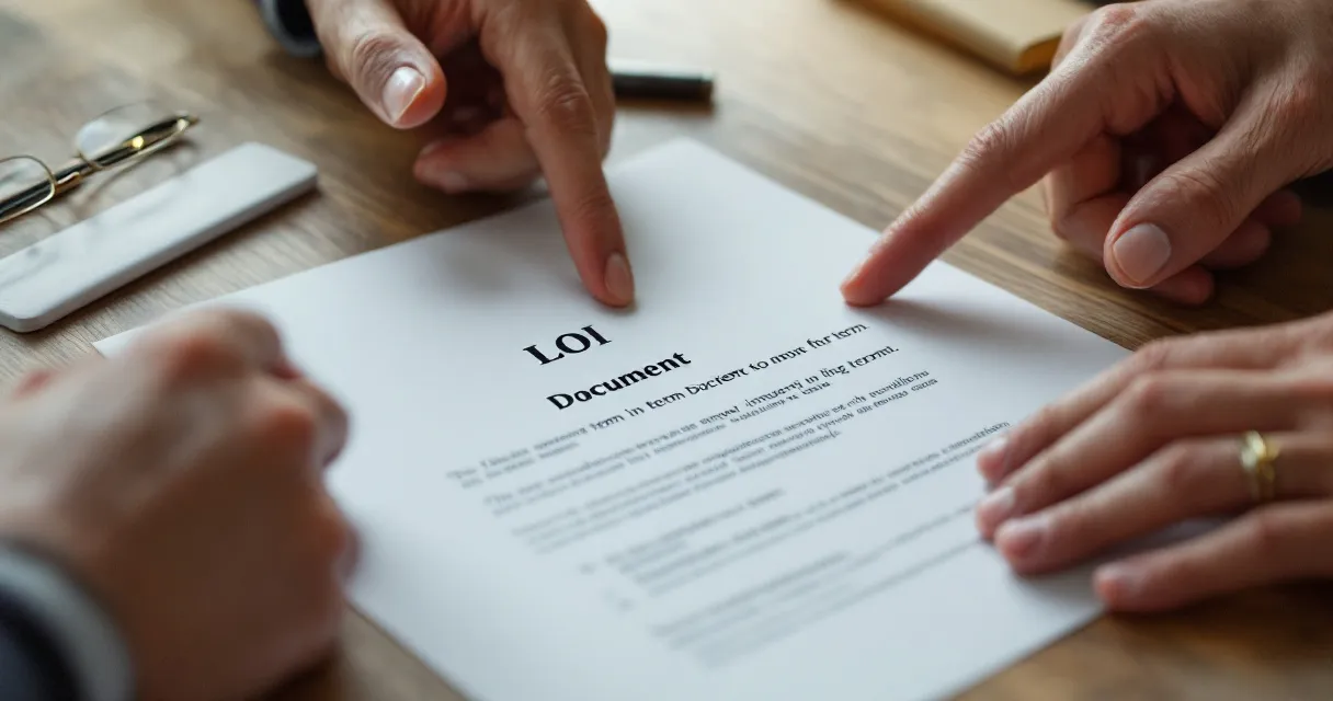 LOI document on desk, two people hands visible, one pointing at a term