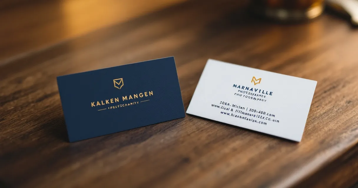 Two business cards side by side on a desk, different professional styles