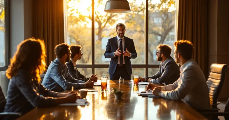 Management team around a conference table, one standing presenting