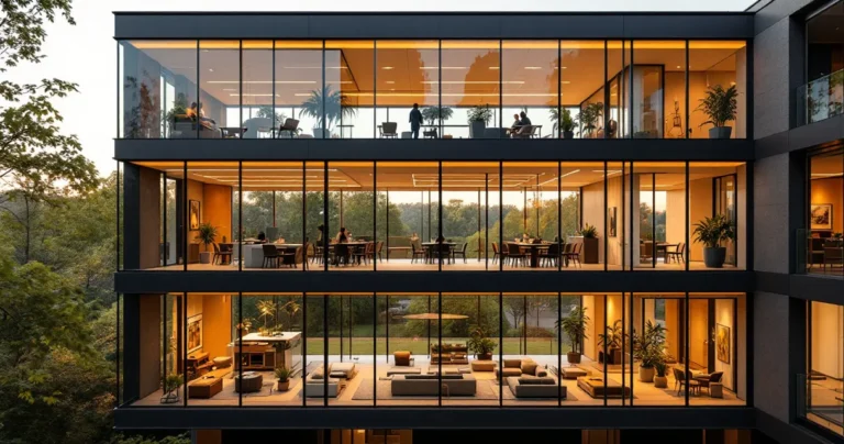 Multi-level office building cross-section view or stacked floors visible through glass atrium