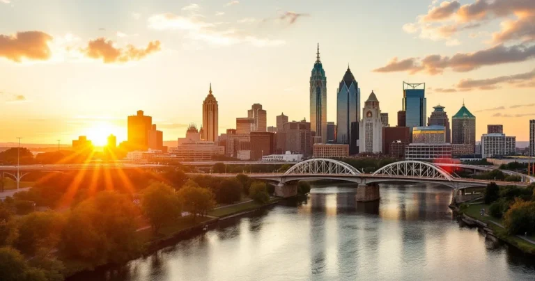 Nashville skyline from Korean Veterans Bridge, golden hour