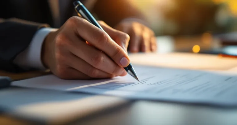 Pen hovering over signature line of a legal document, professional desk