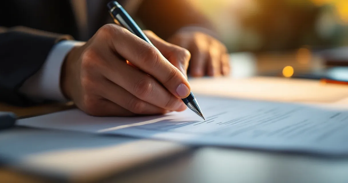 Pen hovering over signature line of a legal document, professional desk