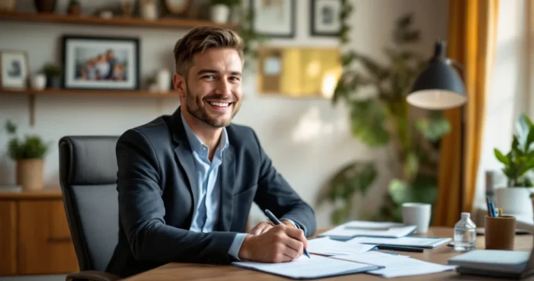 Business owner at home office desk, family photo on shelf, financial documents laid out