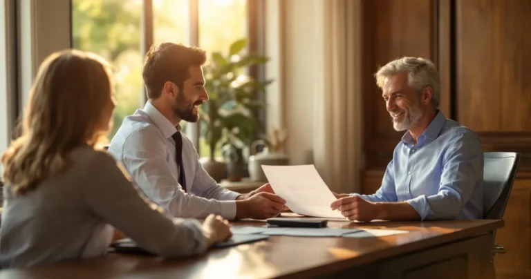 Private office meeting: two people across a desk, one sliding a term sheet, wood-paneled walls