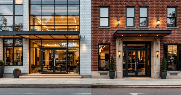 Two building entrances side by side: one glass modern PE, one brick established strategic