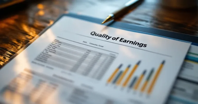 Financial report cover page with Quality of Earnings visible, accountant desk