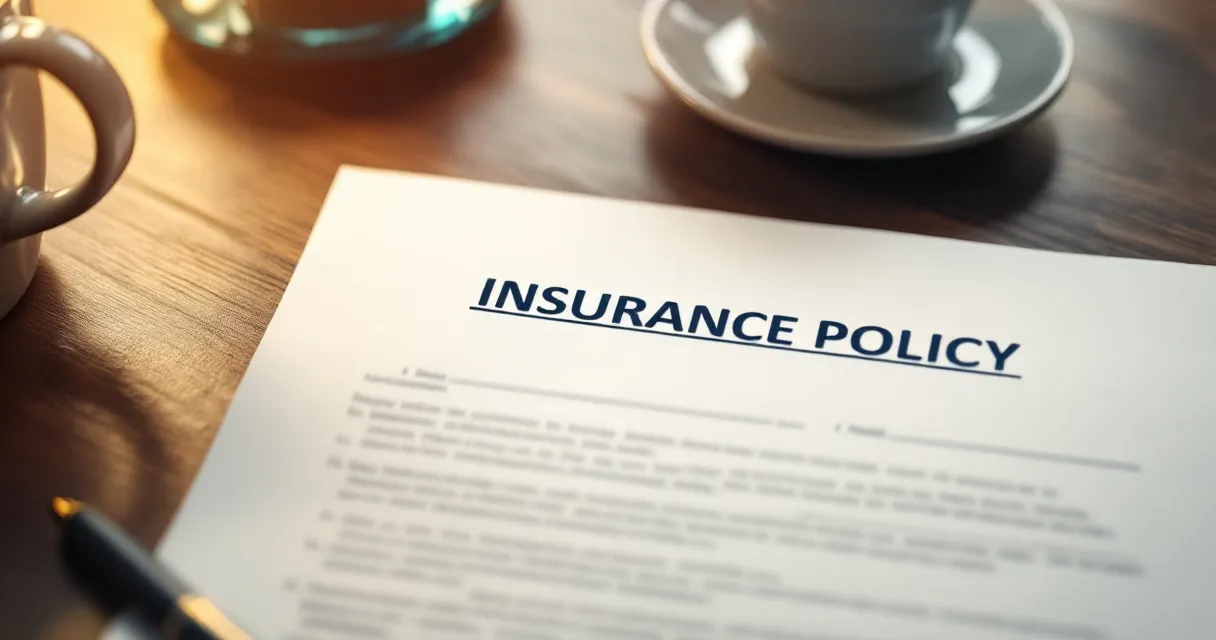 Insurance policy document on desk, pen resting on signature line, coffee cup
