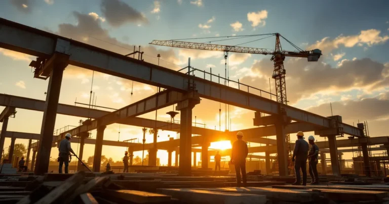 Construction site at golden hour: crane, steel beams, workers in hard hats, Nashville-area