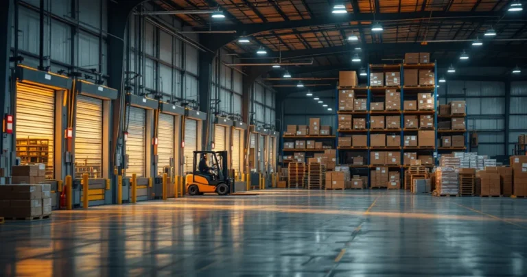 Distribution warehouse: loading docks, forklifts, pallet racks, organized inventory
