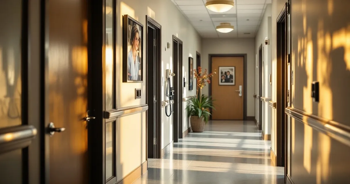 Medical office hallway with exam room doors, warm lighting, Tennessee feel
