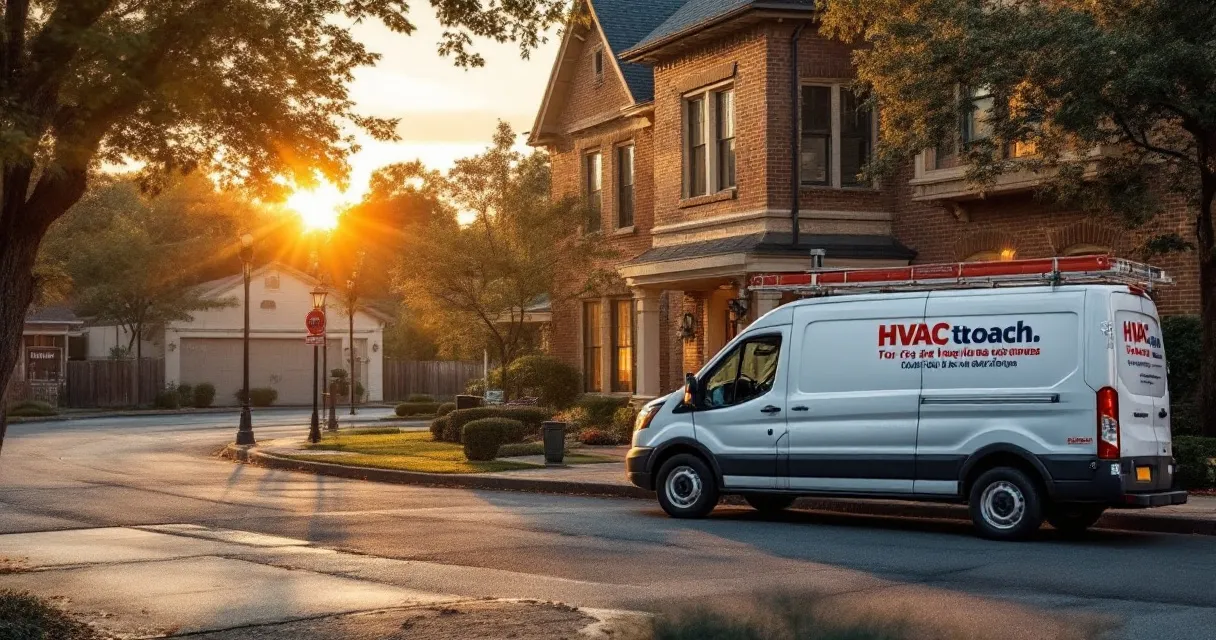 HVAC tech van parked at a commercial building, tools visible, Nashville neighborhood