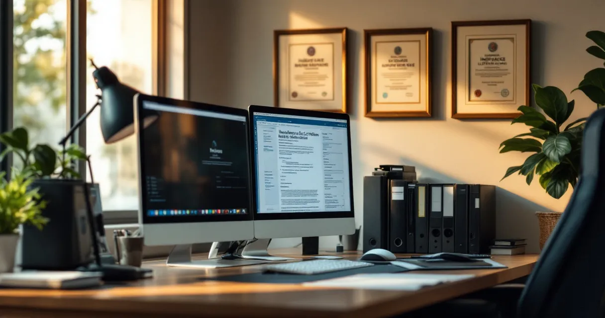 Insurance agent's desk: dual monitors, policy binders, framed licenses on wall