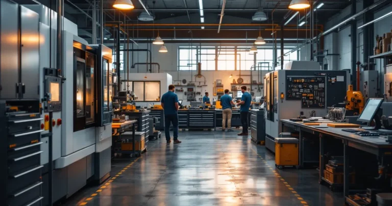 Manufacturing floor: CNC machines, organized tool racks, clean production line, warm industrial lighting