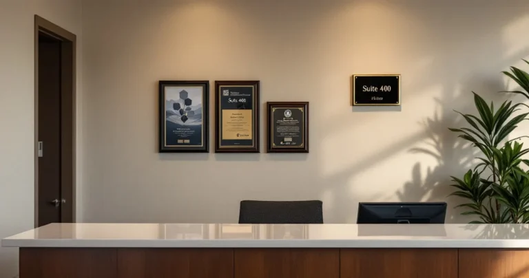 Professional office lobby: reception desk, awards on wall, Suite 400 door plaque