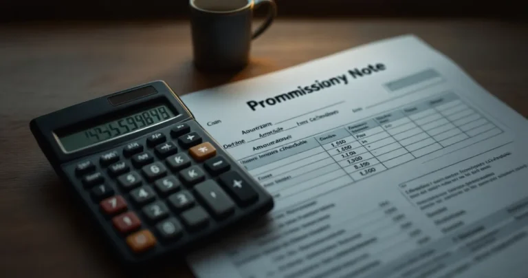 Promissory note document, calculator, amortization schedule printout