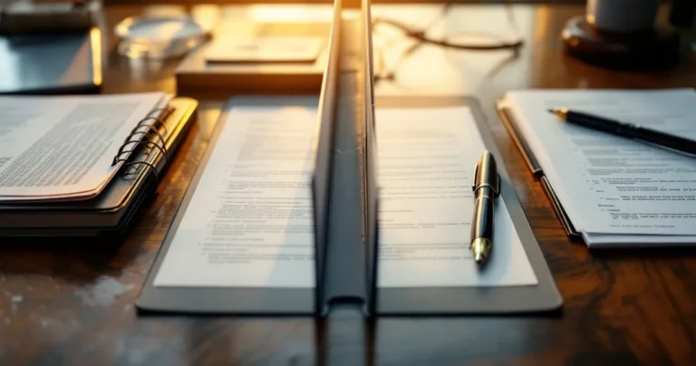 Legal documents on a desk split by a folder divider down the middle