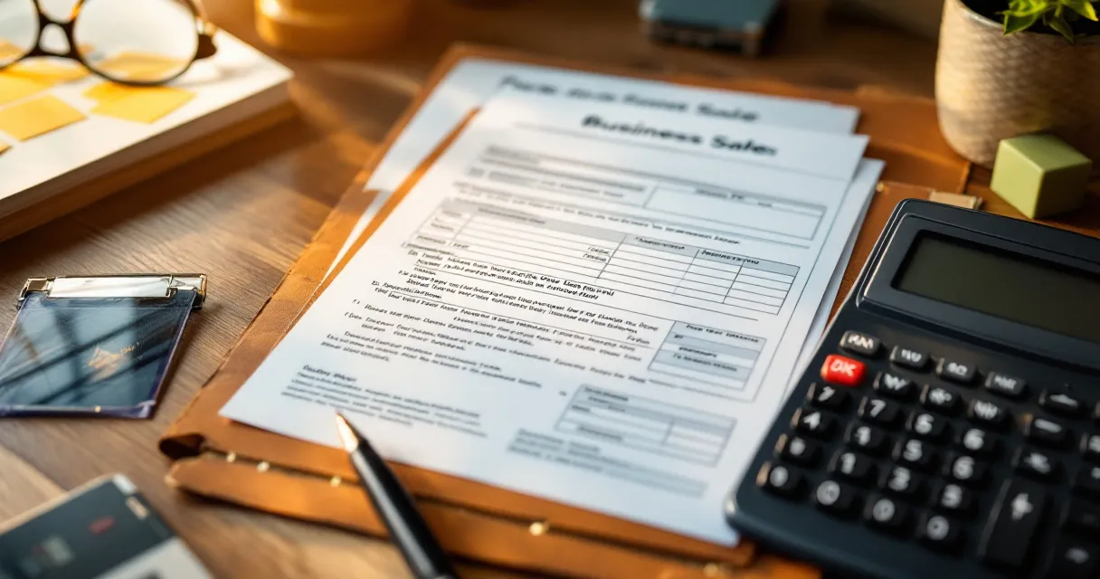 Tax forms, calculator, and business sale document layered on desk